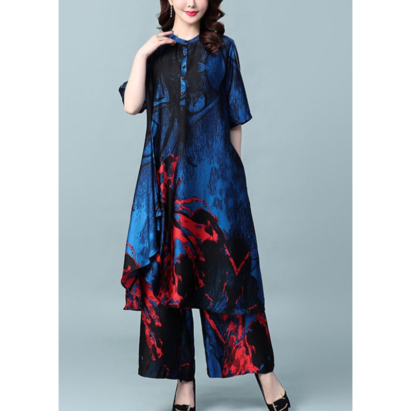 Blue Print Silk Dress And Wide Leg Pants Two Piece Set Outfits Stand Collar Button Summer