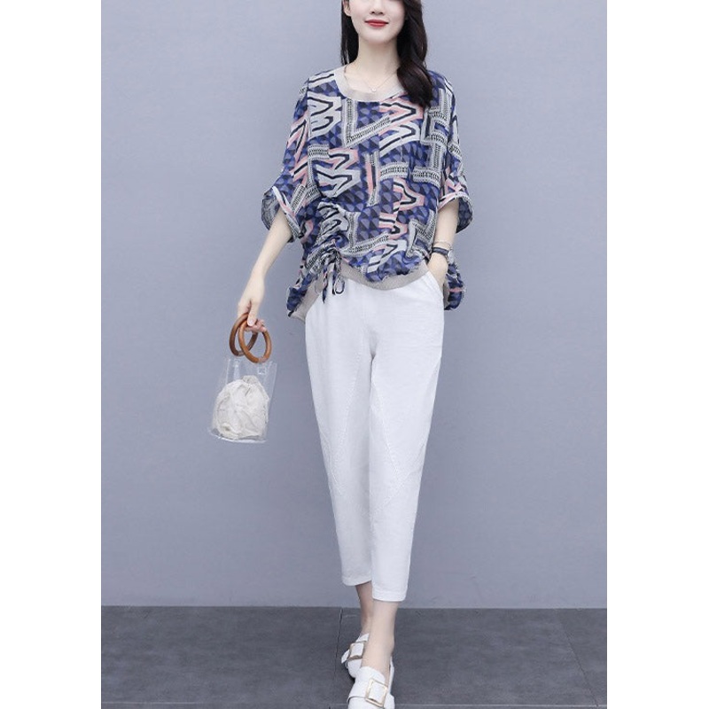 Blue Print Top And Pants Two Pieces Set Summer