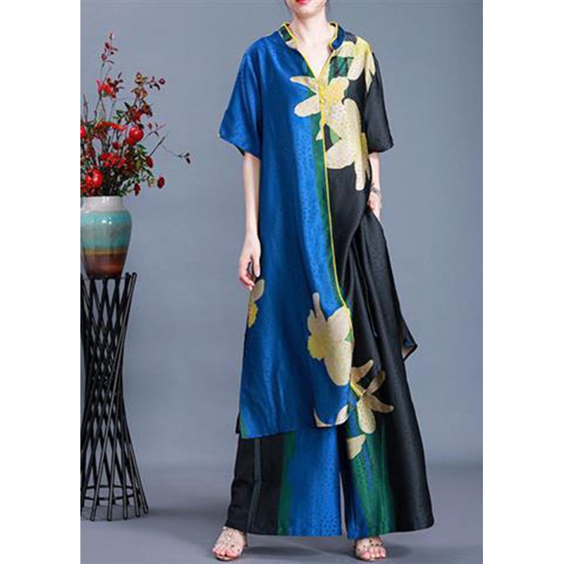 Blue Side Open V Neck Patchwork Chiffon Two Pieces Set Summer