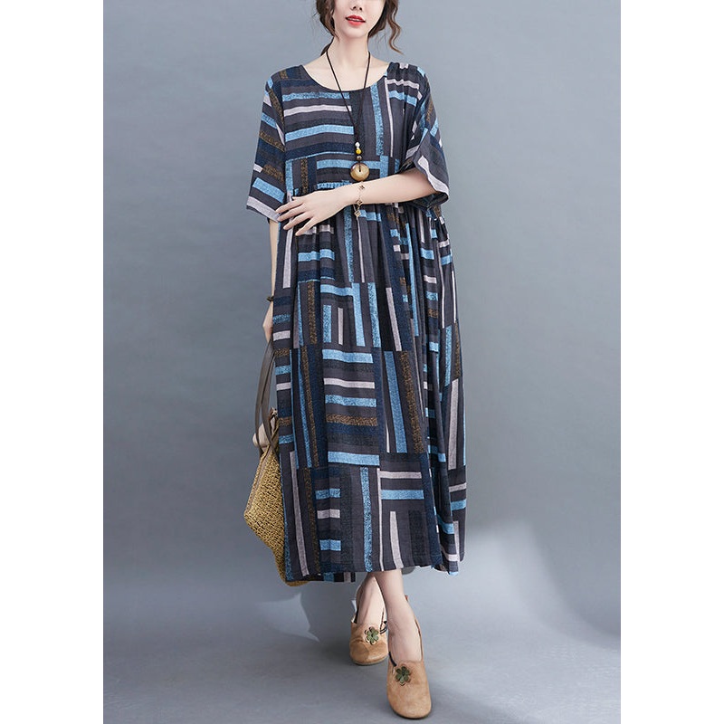 Blue Striped Baggy Long Dresses Wrinkled Short Sleeve