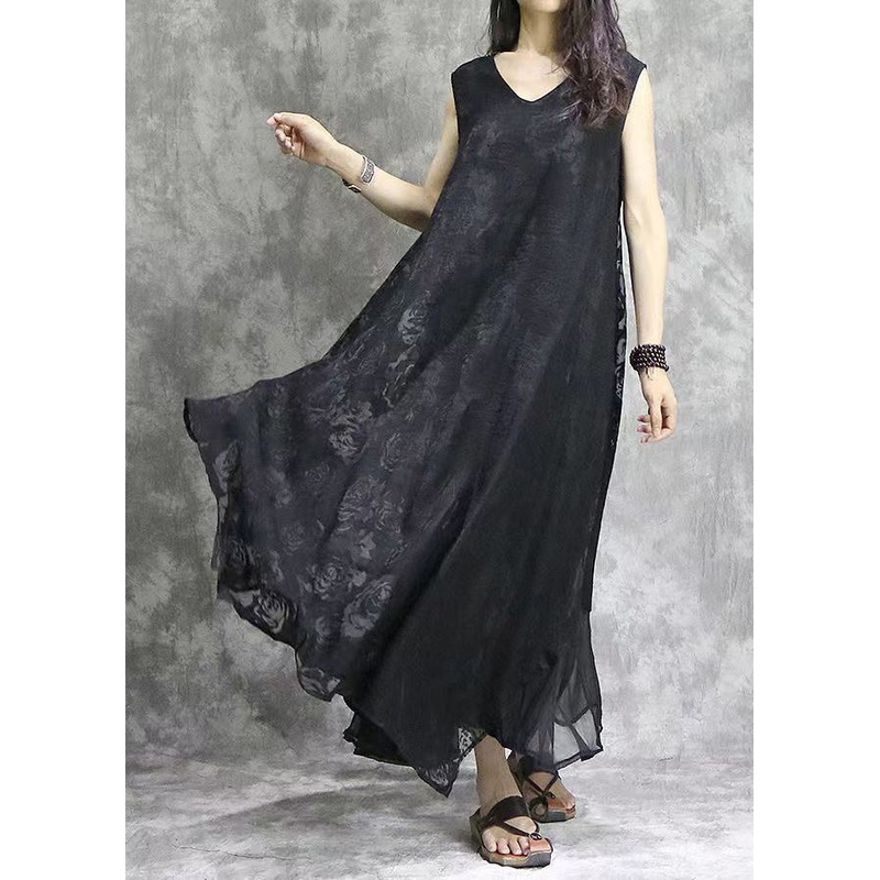 Bohemian Black V Neck Exra Large Hem Silk Beach Dress Sleeveless