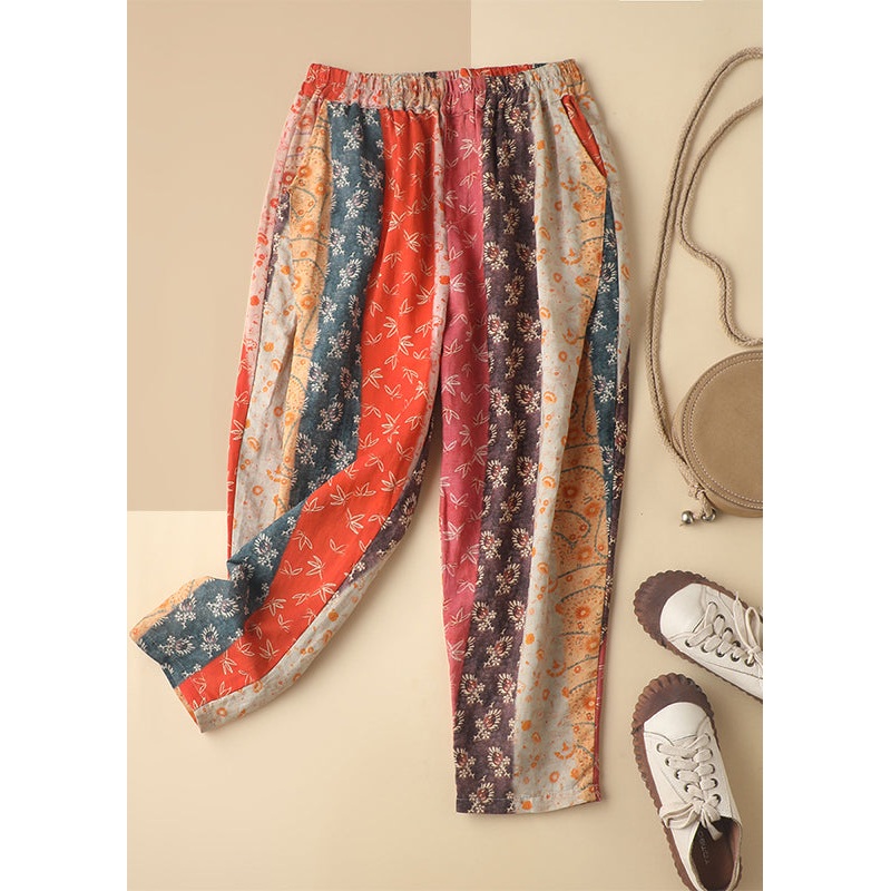 Bohemian Colorblock Elastic Waist Pockets Patchwork Linen Harm Pants Summer