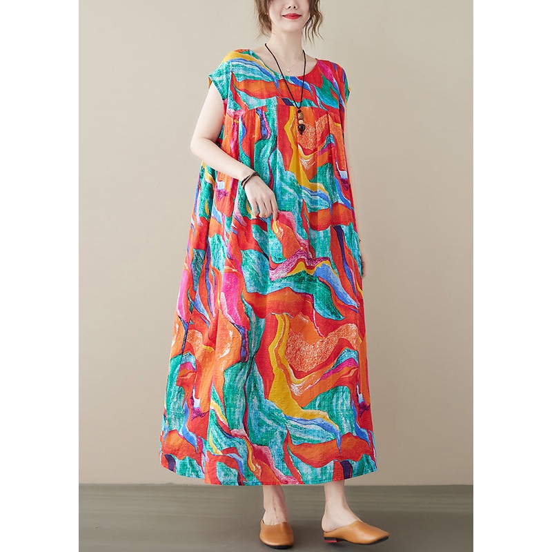 Bohemian Red O-Neck Patchwork Print Linen Beach Long Dresses Short Sleeve