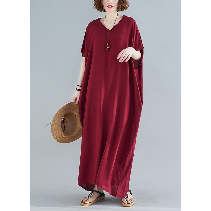 Bohemian Solid Red V Neck Cotton Ankle Dress Short Sleeve
