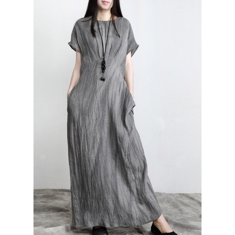 Boho Grey O-Neck Pockets wrinkled Tie Waist Linen Long Dresses Short Sleeve