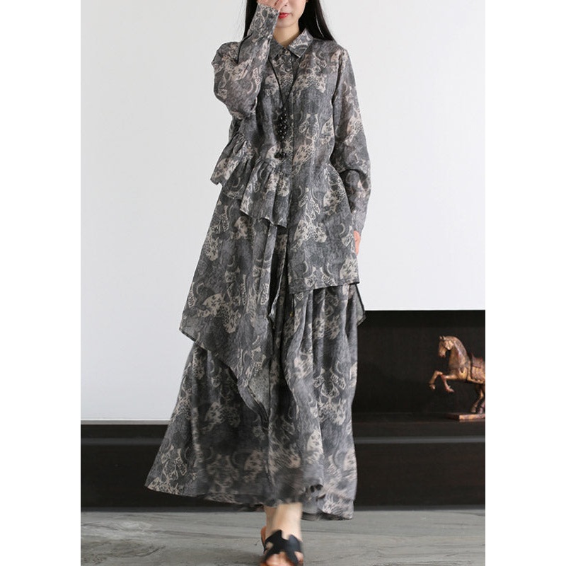 Boutique Grey Peter Pan Collar Print Shirts And Skirts Linen Two Pieces Set Spring