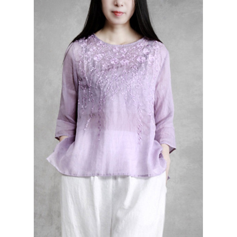 Boutique Violet O-Neck Embroideried Floral Linen Shirts Long Sleeve