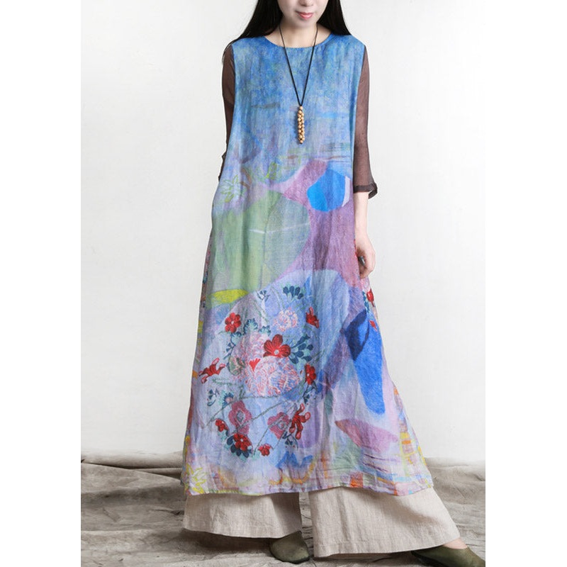 Brief Blue Print Pockets Side Open Silk Patchwork Linen Dress Three Quarter Sleeve