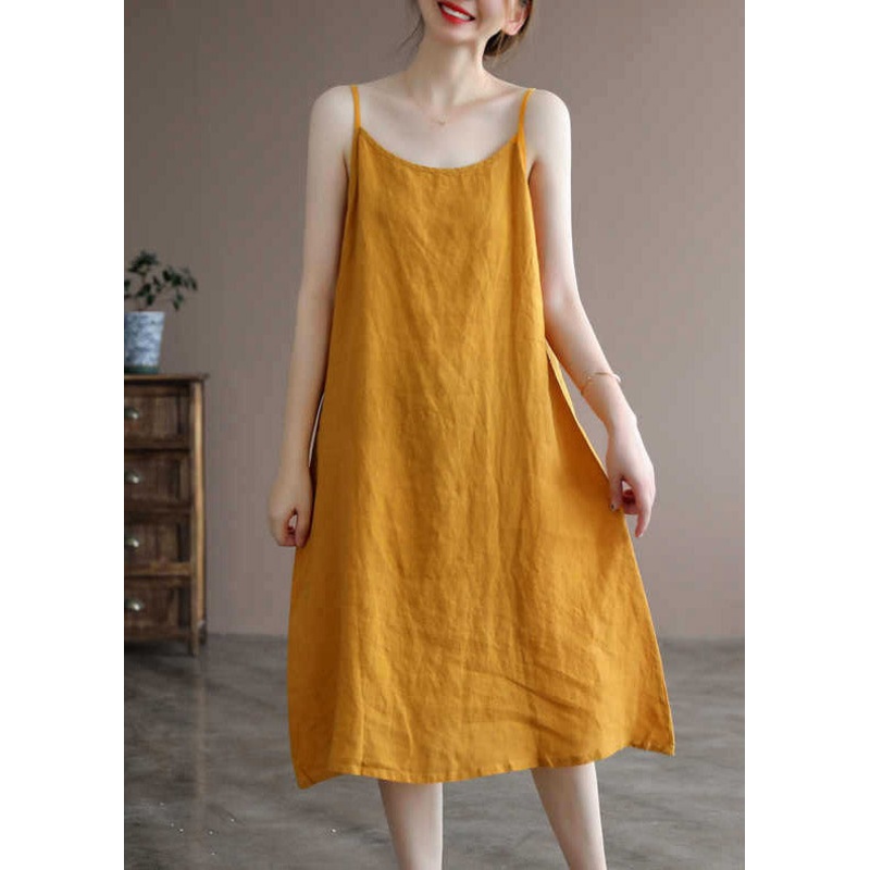 Brief Yellow Slash Neck Spaghetti Strap Solid Dress Sleeveless