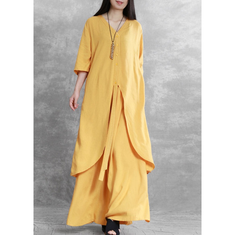 Brief Yellow V Neck Top And Wide Leg Pants Two Pieces Set Summer