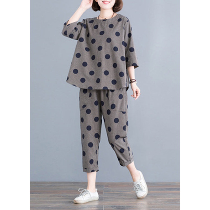 Casual Black O-Neck Button Plaid Dot Cotton Top elastic waist Pants Two Pieces Set Half Sleeve