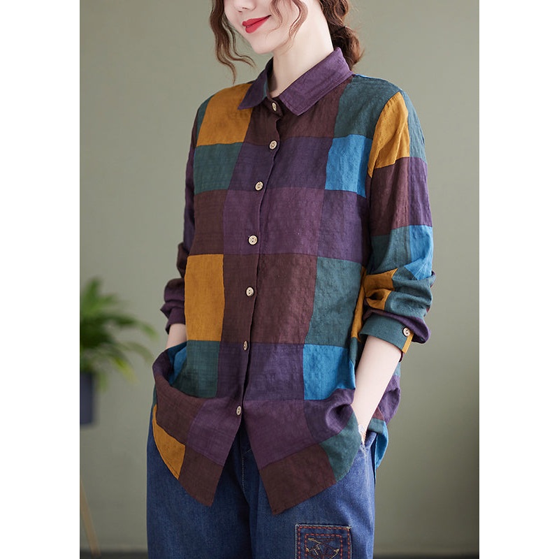Casual Coffee Button Peter Pan Collar Plaid Linen Blouses Top Long Sleeve