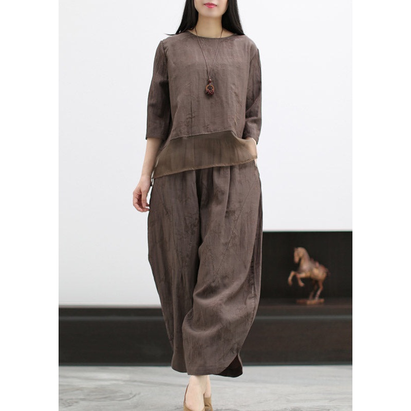 Casual Coffee O-Neck Silk Patchwork Linen Shirts And Wide Leg Pants Two Pieces Set Spring