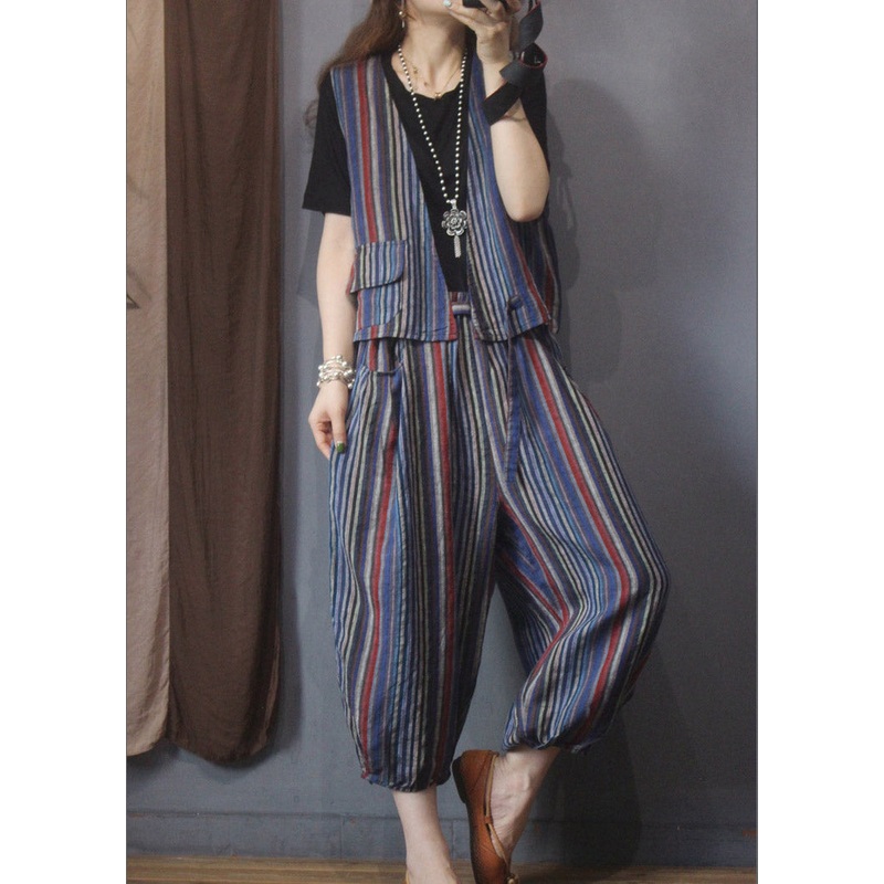 Casual Red Blue Striped Linen Waistcoat And Beam Pants Two Piece Set Outfits Summer