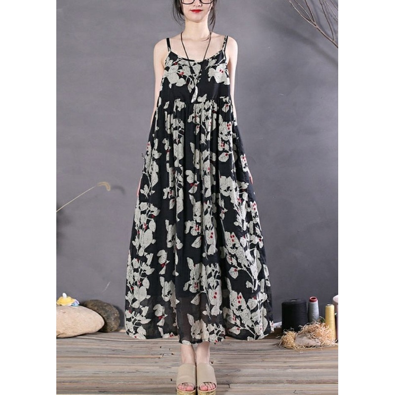 Chic Black Print Wrinkled Spaghetti Strap Long Dress Sleeveless