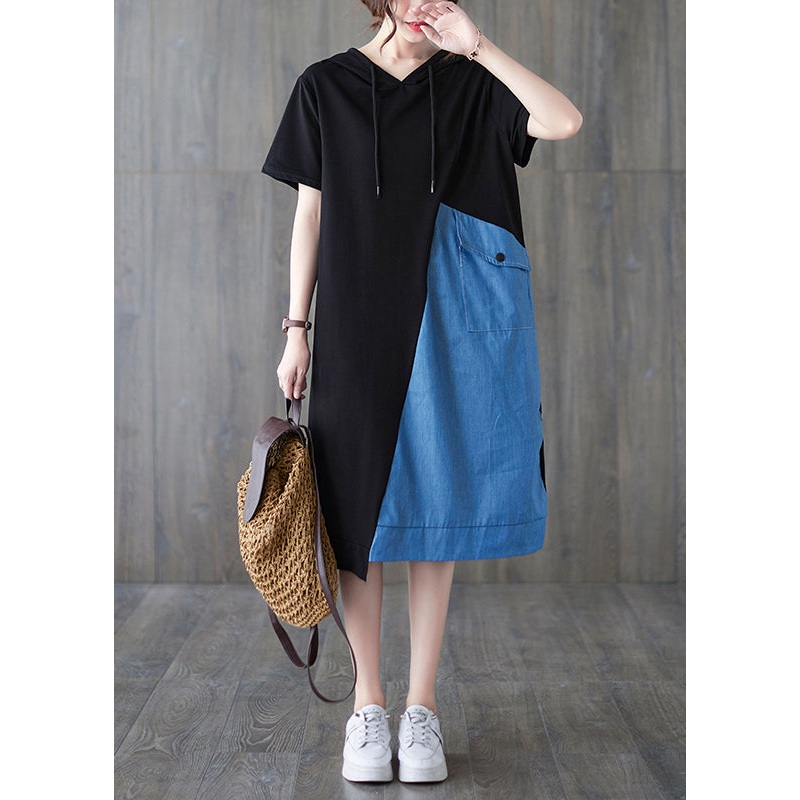 Chic Blue Black Hooded drawstring Patchwork Streetwear Dress Short Sleeve