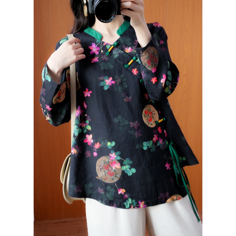 Chinese Style Black Stand Collar tie waist Print Top Long Sleeve