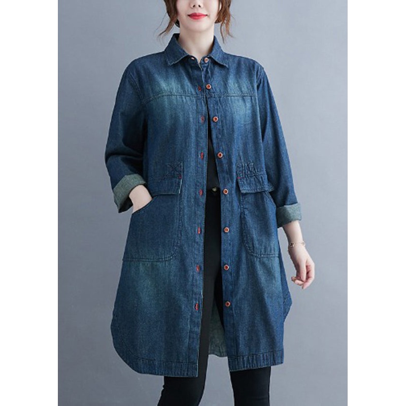 Classy Blue Peter Pan Collar Pockets Denim Coats Long Sleeve