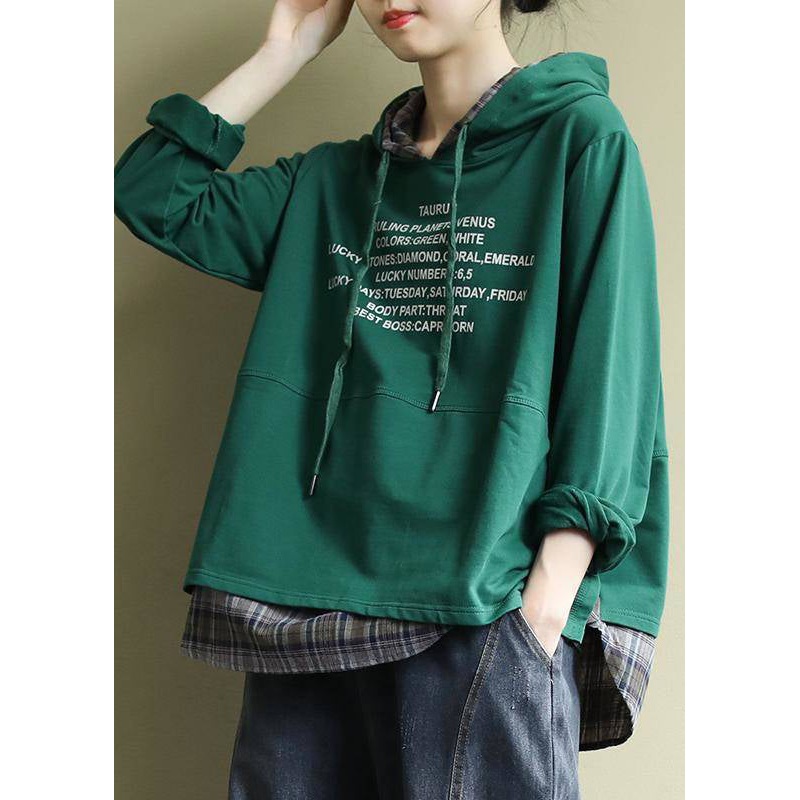 Classy Green Hooded drawstring Graphic Fake Two Piece Sweatshirts Top Spring