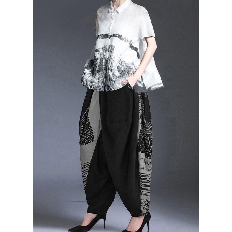Classy White Peter Pan Collar Print Button Linen Top And Harem Pants Two Pieces Set Summer