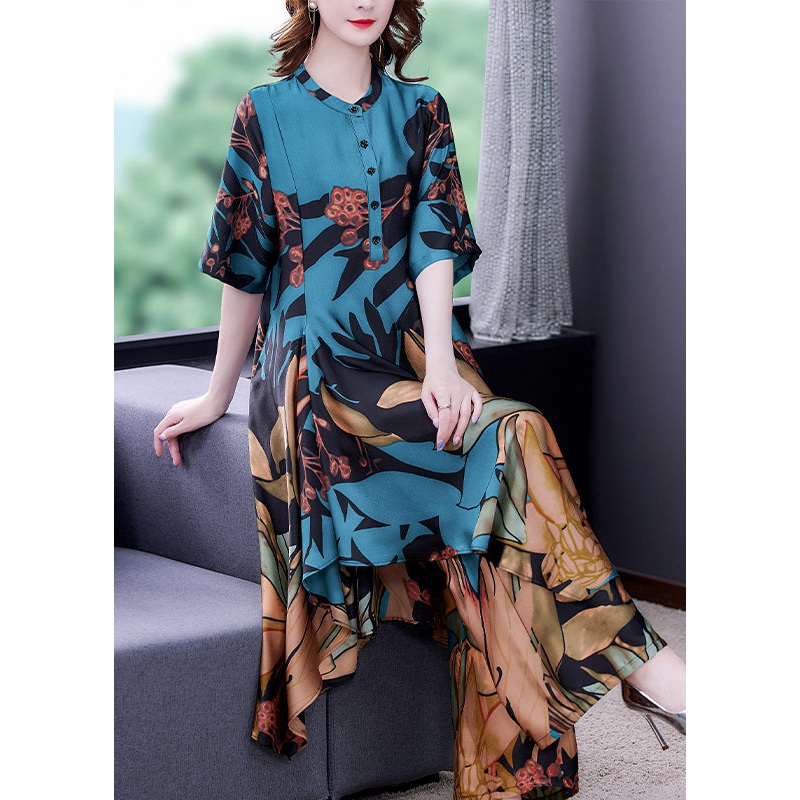 Elegant Blue Stand Collar Print Silk Shirt And Wide Leg Pants Two Pieces Half Sleeve