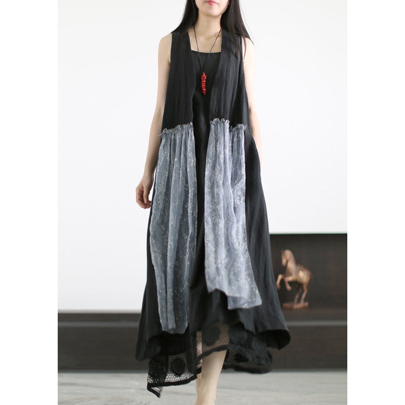 Fashion Black Print Silk Patchwork Linen Waistcoat And Spaghetti Strap Dress Two Piece Set Summer