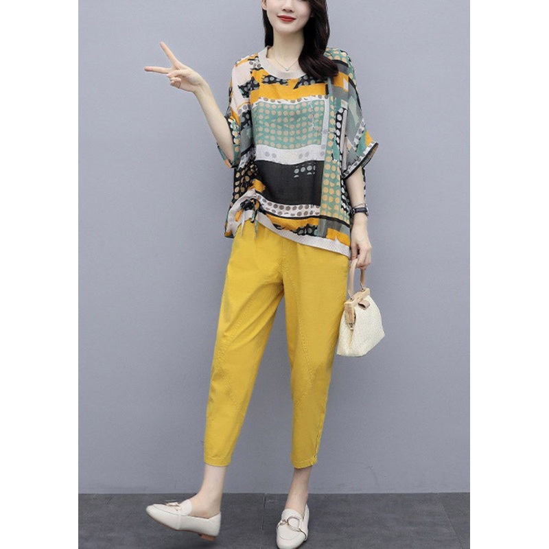 Fashion Yellow O-Neck Print Top And Pants Two Pieces Set Summer