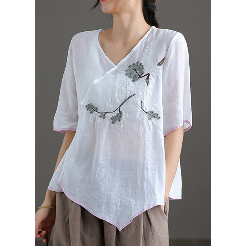 Fine White V Neck Embroidered Floral Linen Top Short Sleeve