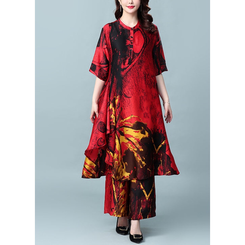 French Red Asymmetrical Design Print Silk Dress And Wide Leg Pants Two Pieces Set Summer