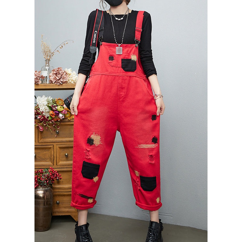 French Red Embroideried Patchwork Cotton Denim Jumpsuits Spring