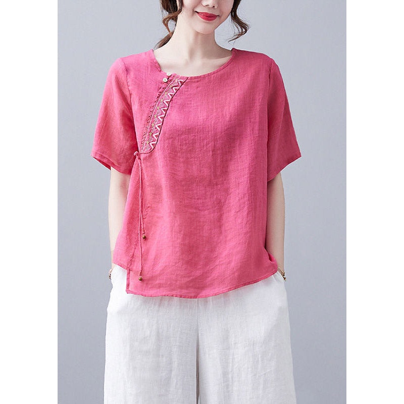 French Rose O-Neck Embroideried Linen T Shirt Short Sleeve