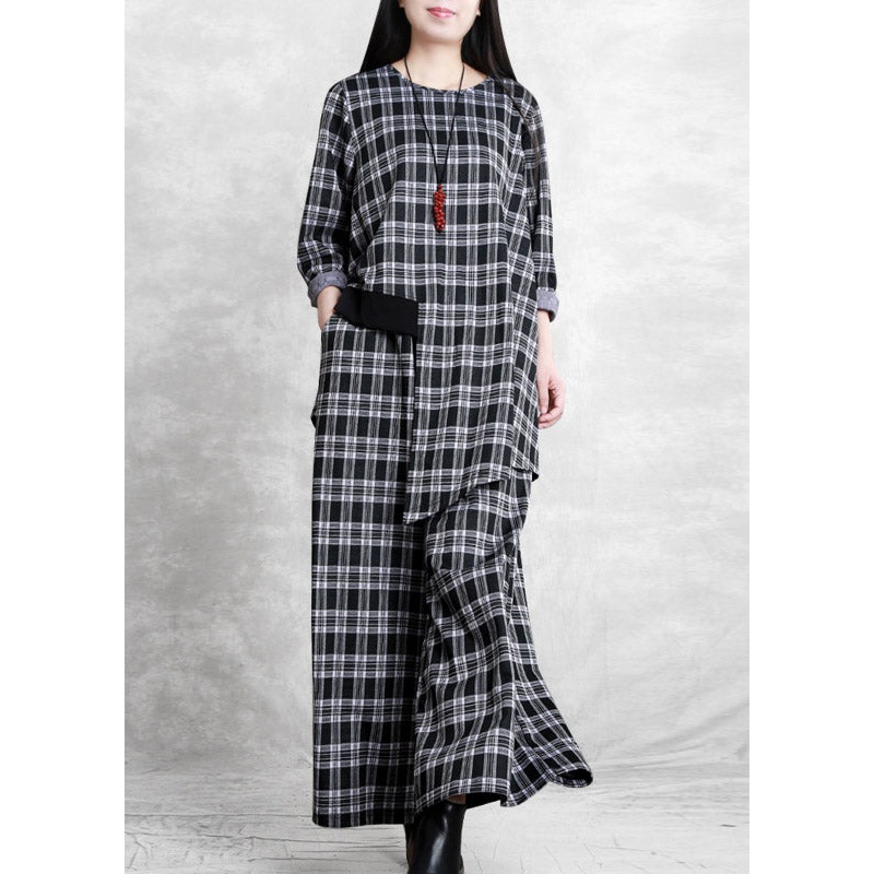 Handmade Black White Plaid O-Neck Asymmetrical Top And Wide Leg Pants Two Pieces Set Spring