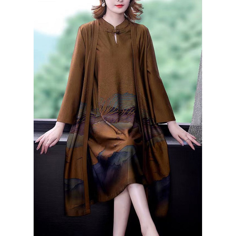 Italian Yellow Stand Collar Print Silk Trench Coats And Dress Two Piece Set Long Sleeve