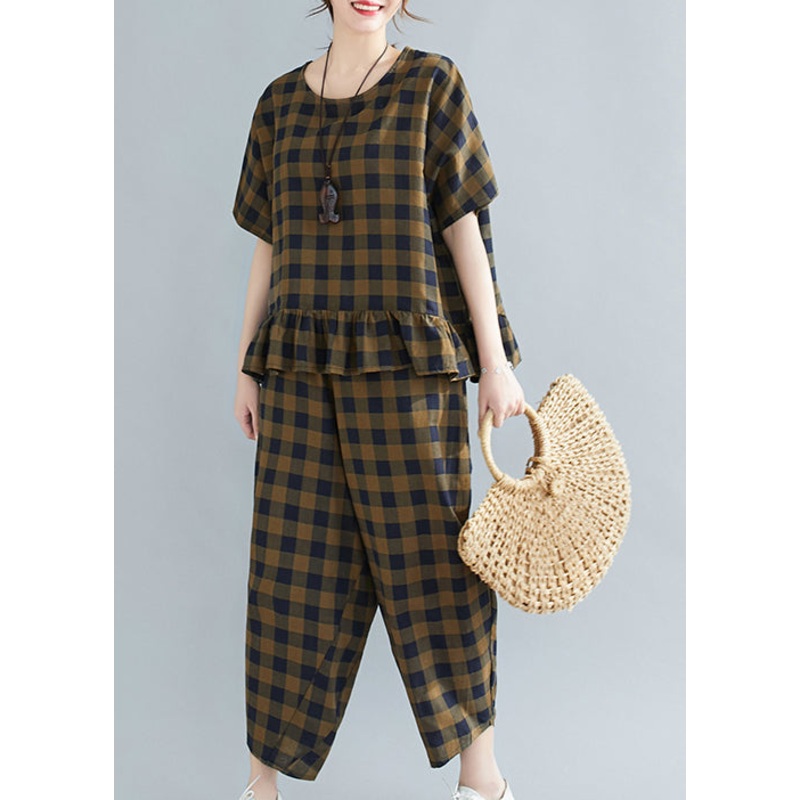 Loose Army Green O-Neck Ruffles Plaid Two Pieces Set Short Sleeve