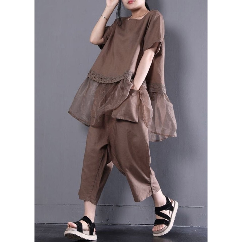 Loose Baggy Coffee O-Neck Top And Crop Pants Two Pieces Set Summer