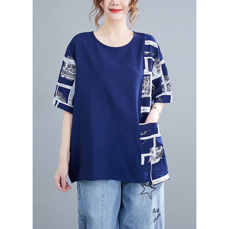 Loose Blue Asymmetrical Design Print Cotton Tanks Short Sleeve