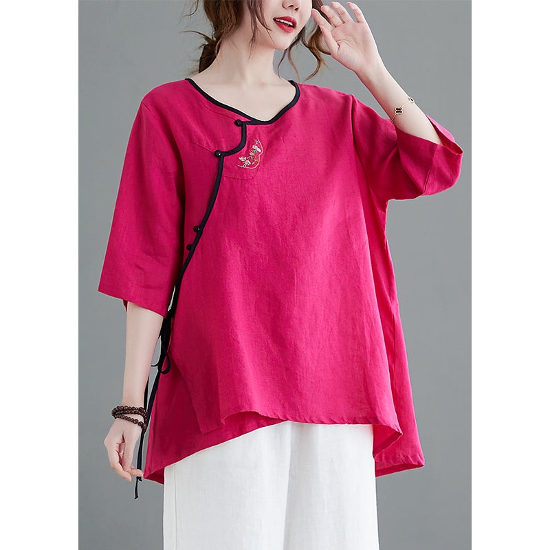 Loose Rose O-Neck asymmetrical design tie waist Embroideried Linen Top Half Sleeve