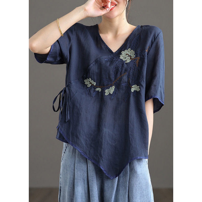 Navy V Neck Asymmetrical Design Linen Top Short Sleeve