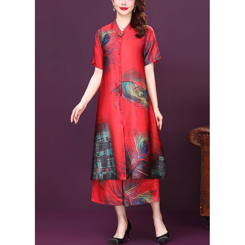 Original Design Red Stand Collar Print Silk Shirt Top And Pants Two Pieces Set Summer