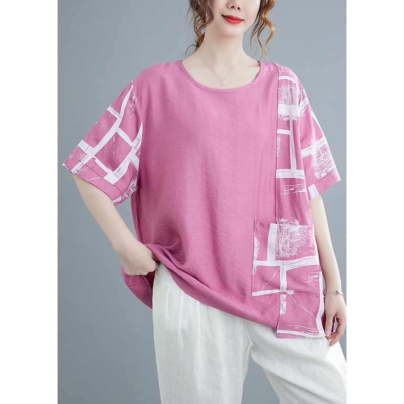 Pink Patchwork Cotton Tank Pocket Short Sleeve