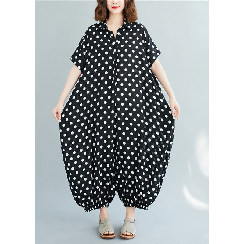 Plus Size Black Peter Pan Collar button dot Print Jumpsuit Short Sleeve