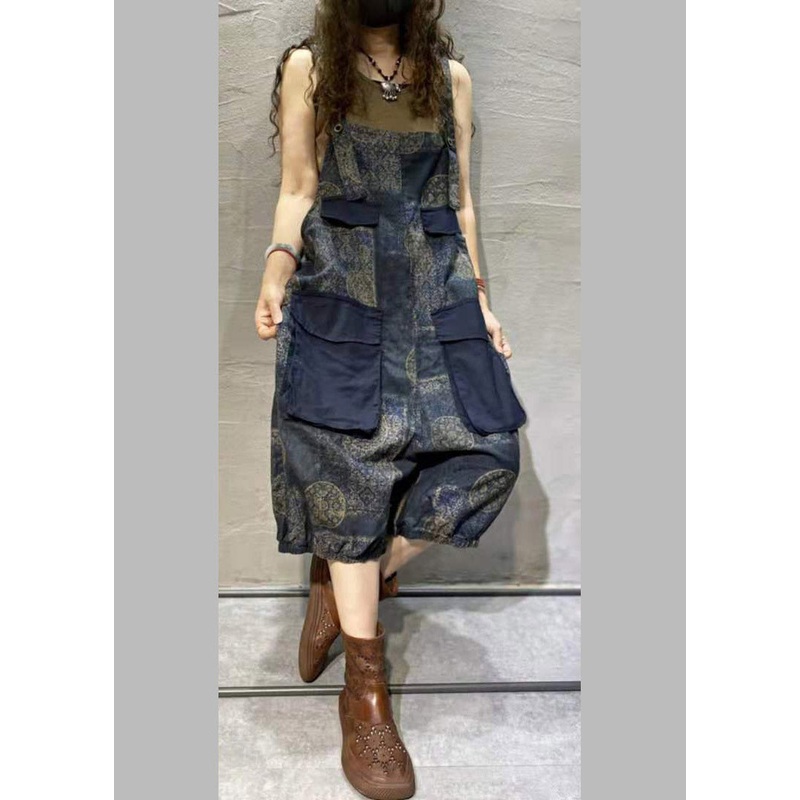 Plus Size Blue Print Oversized Pockets Patchwork Cotton Denim Jumpsuit Summer