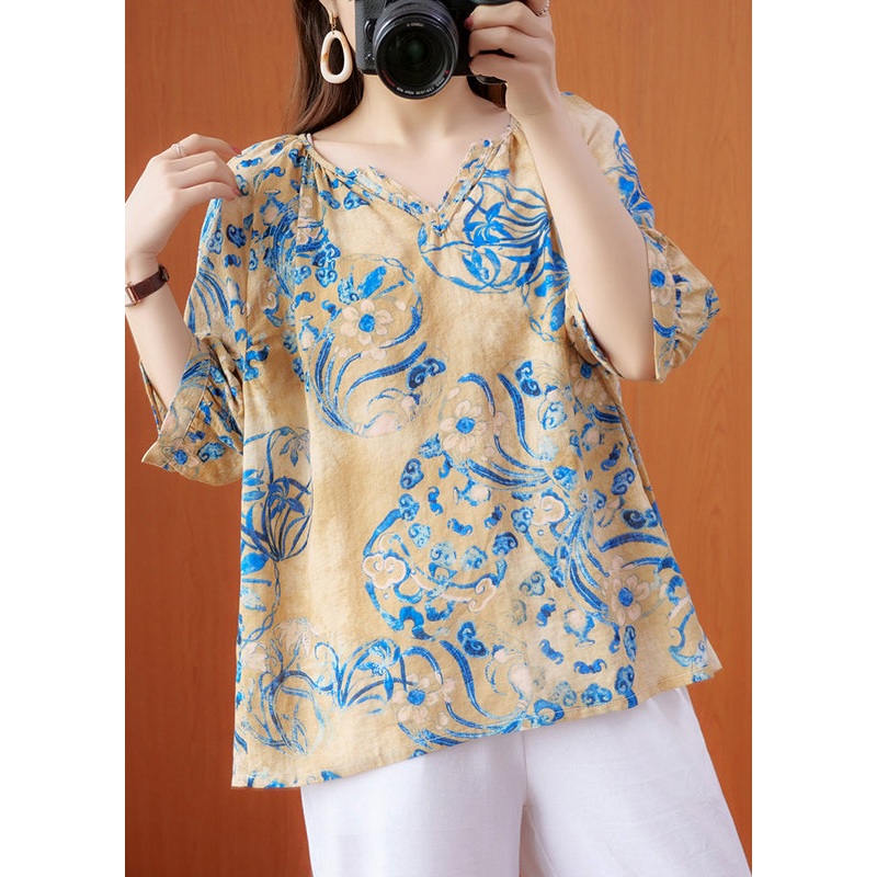 Plus Size Blue Print V Neck Linen Top Half Sleeve