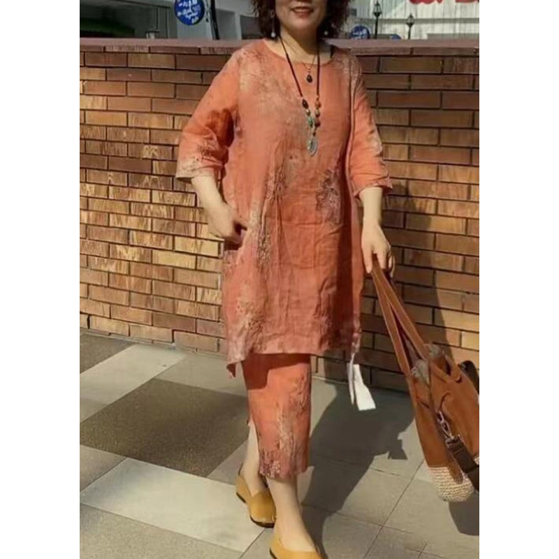 Plus Size Orange O-Neck Print Linen Tops And Harem Pants Two-Piece Set Summer
