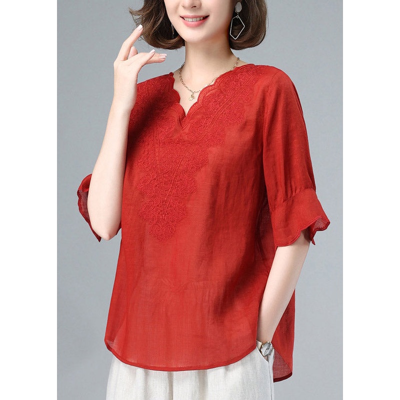 Plus Size Red V Neck Embroideried Patchwork Linen Tops Summer