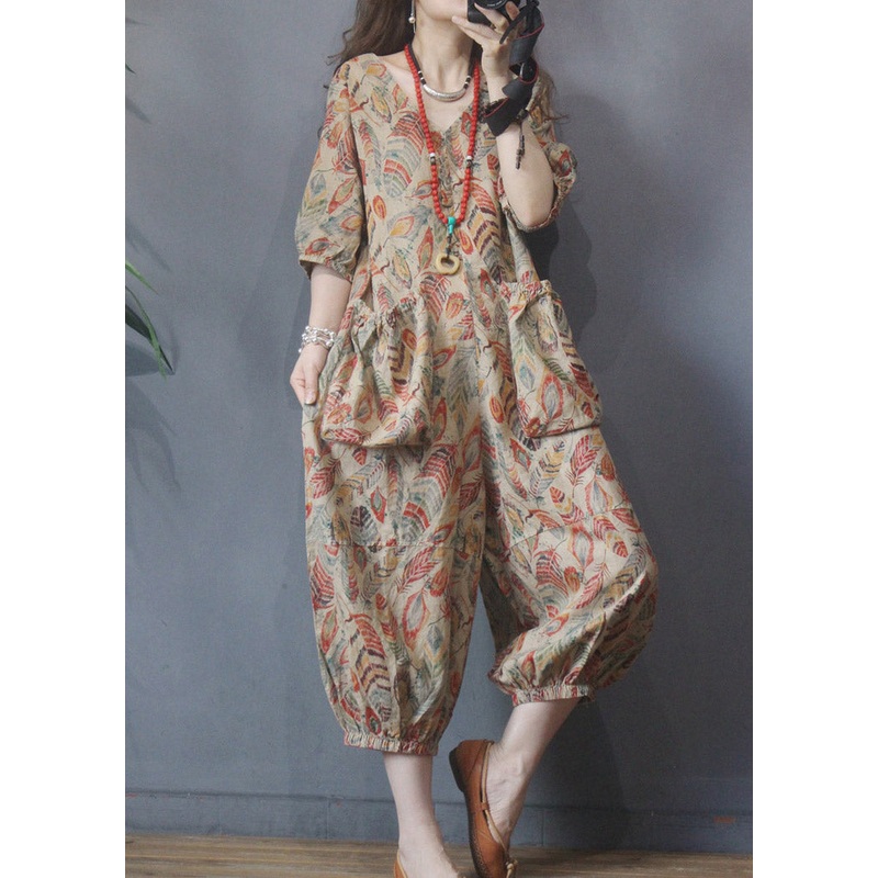 Plus Size V Neck Print Pockets Linen Jumpsuit Half Sleeve