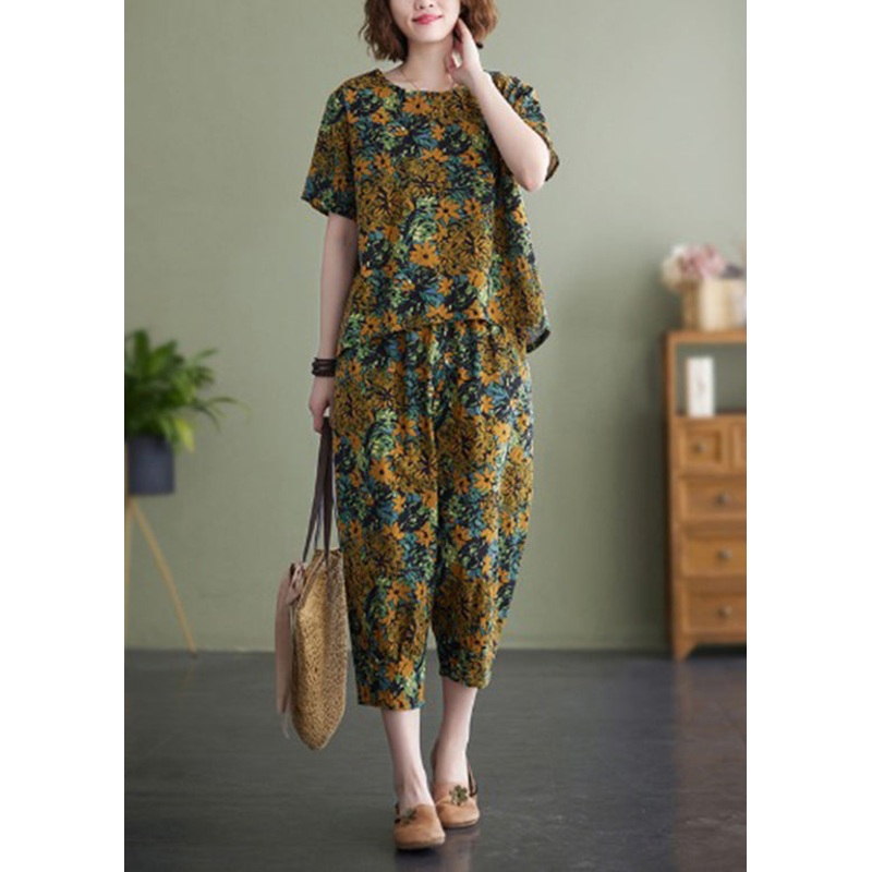 Plus Size Yellow Floral O-Neck Top Short Sleeve Elastic Waist Pants Two Pieces Set