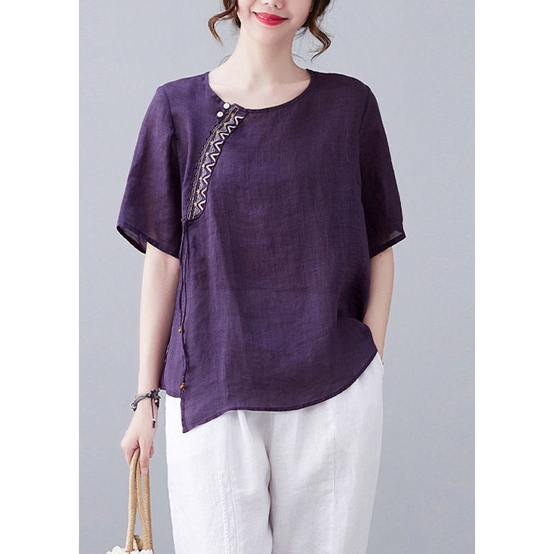 Purple O-Neck Patchwork Linen T Shirt Short Sleeve
