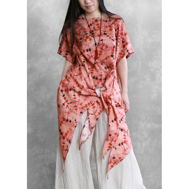 Retro Red O-Neck Print Asymmetrical Tie Waist Linen Top Short Sleeve