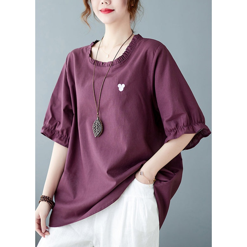 Solid Purple red O-Neck Embroideried Ruffled Top Short Sleeve